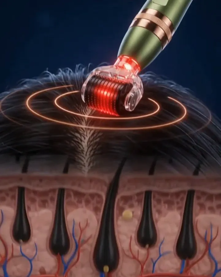 The Folli-Doc green Simulation device at work on the scalp